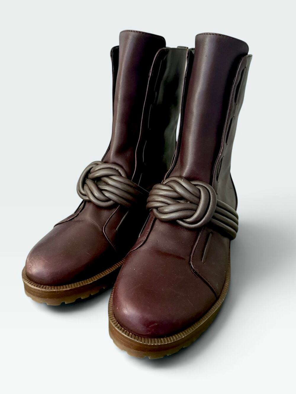 Alexandre Birman Vicky Burgundy Leather Knotted Biker Boots Sz 5.5 (sz 36) EUC